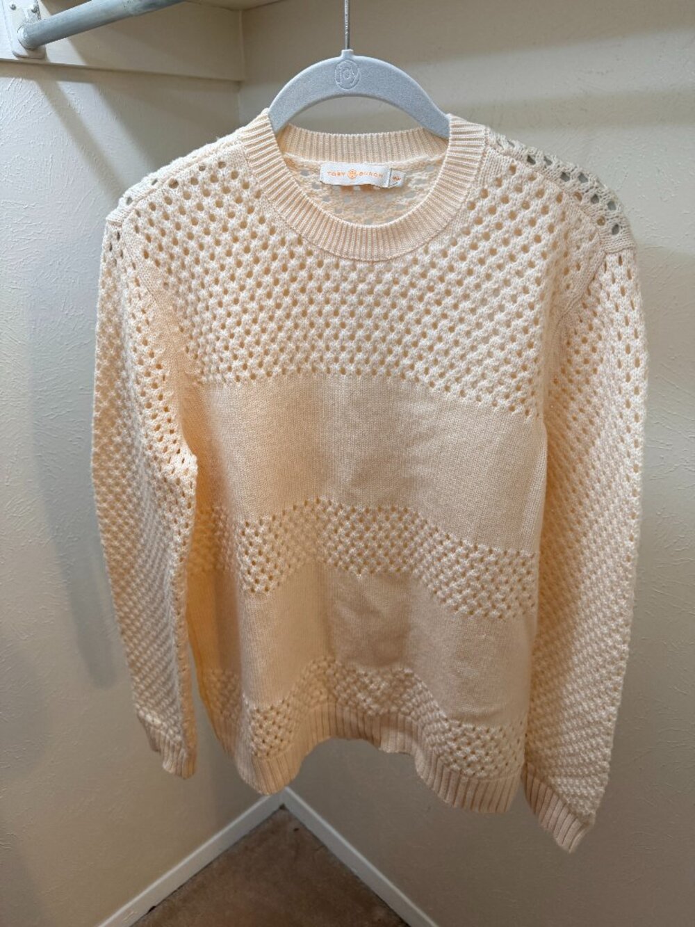 TORY BURCH • Cream Leona Paneled Open-Knit Merino Wool Pullover Sweater, Size M